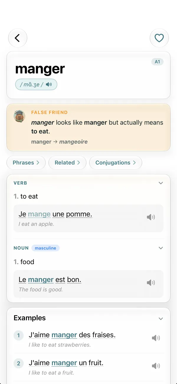 The word card for the French word manger warns that it looks like the English manger but actually means to eat