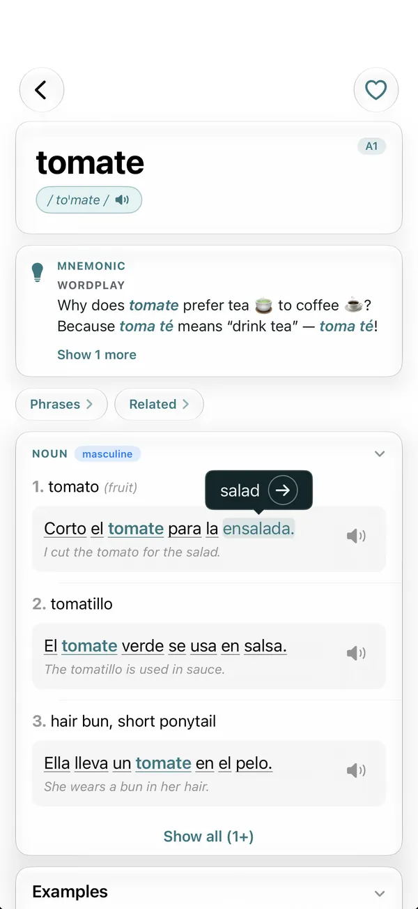 The word card for the Spanish word tomate opens with a memory tip: toma té sounds like tomate and means drink tea