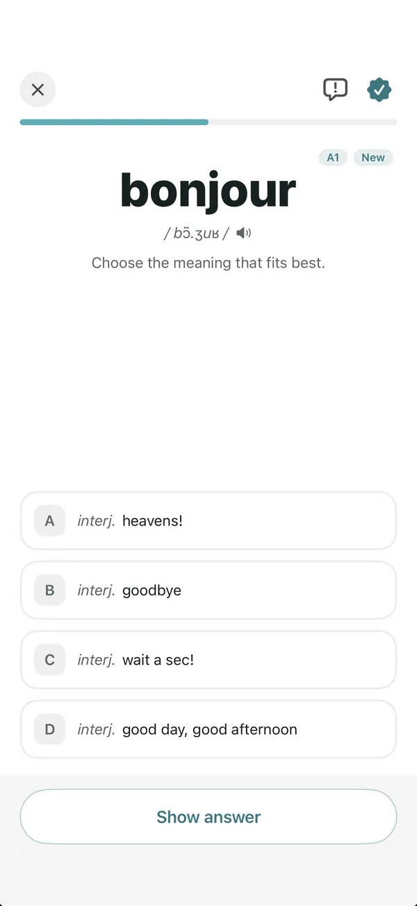 A review card asks for the meaning of the French word bonjour and offers four choices, with a Show answer button