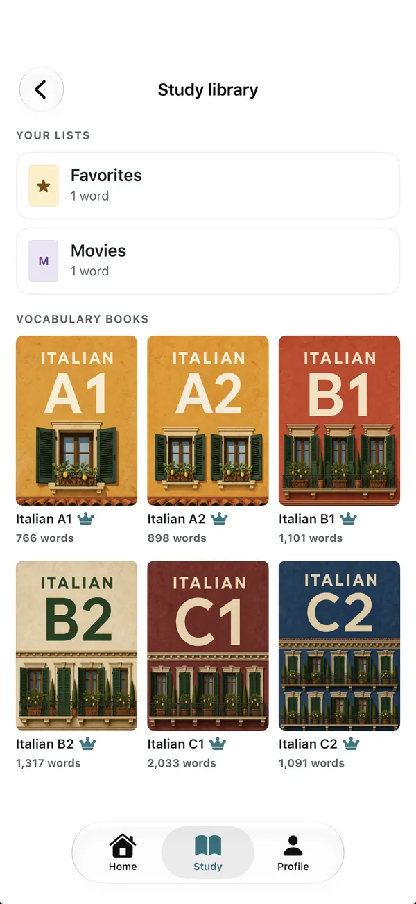 The study library shows the learner's own lists above six Italian word books, from A1 with 766 words to C2