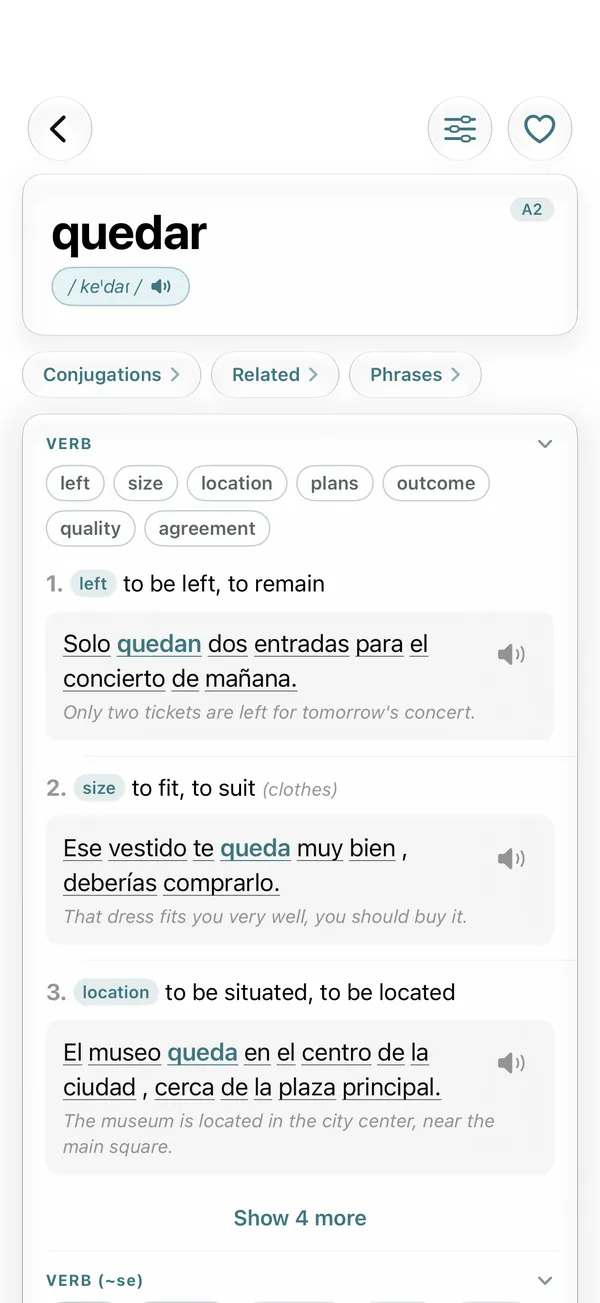 Boringua's word card for the Spanish verb quedar, with its pronunciation, its meanings such as to be left and to fit, and example sentences translated into English