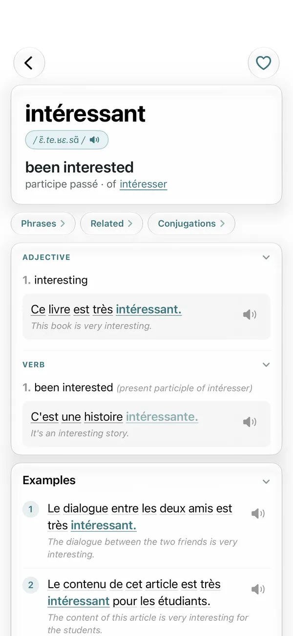 Boringua's word card for the French adjective intéressant, meaning interesting, with example sentences translated into English