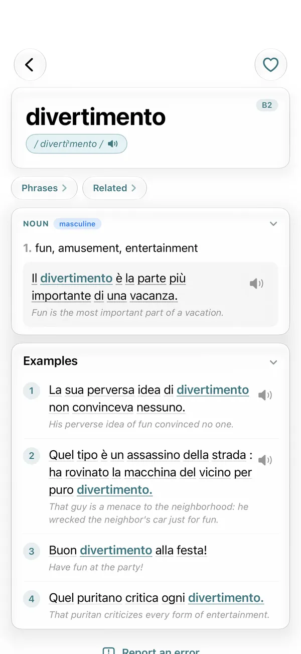 Boringua's word card for the Italian noun divertimento, meaning fun, marked masculine, with example sentences translated into English