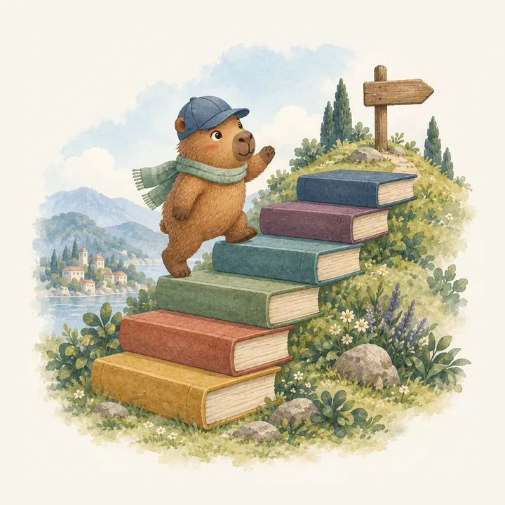 Bo climbs a staircase of stacked books up a sunny hill