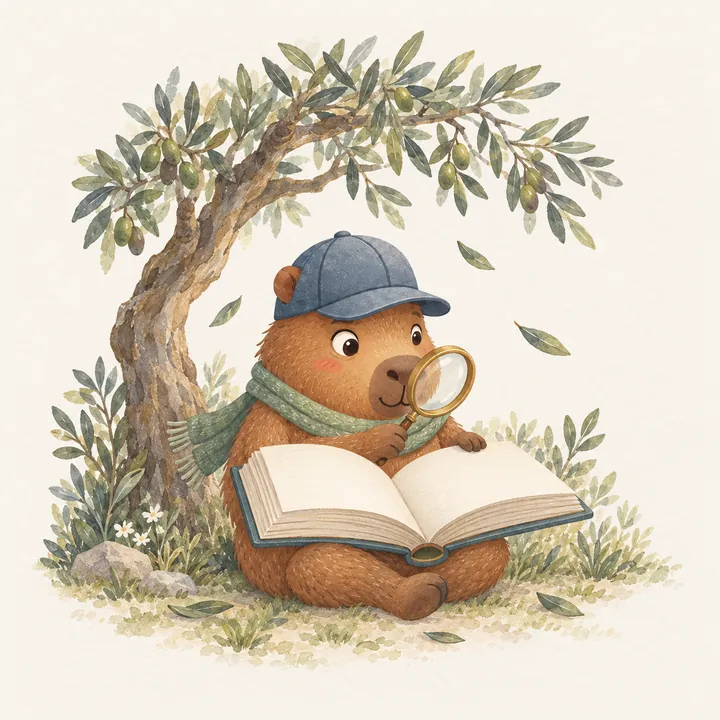 Bo reads a big open dictionary through a magnifying glass under an olive tree