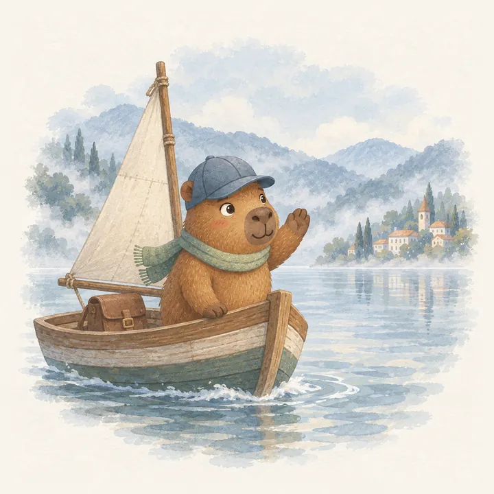 Bo waves from a little sailboat as he sets off across the lake
