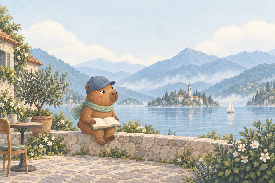 Bo the capybara sits on a stone wall above a misty lake, an open book on his lap
